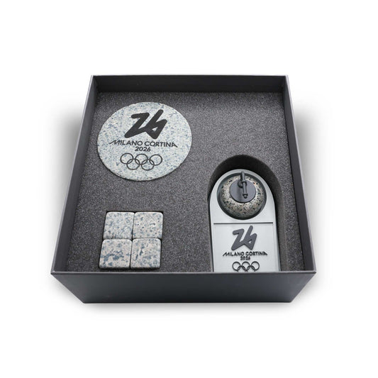 Milano Cortina 2026 Curling Granite Gift Set (Mini Stone is made with the 2026 Olympic Curling Stones, the coasters and cubes are made with granite from Ailsa Craig)