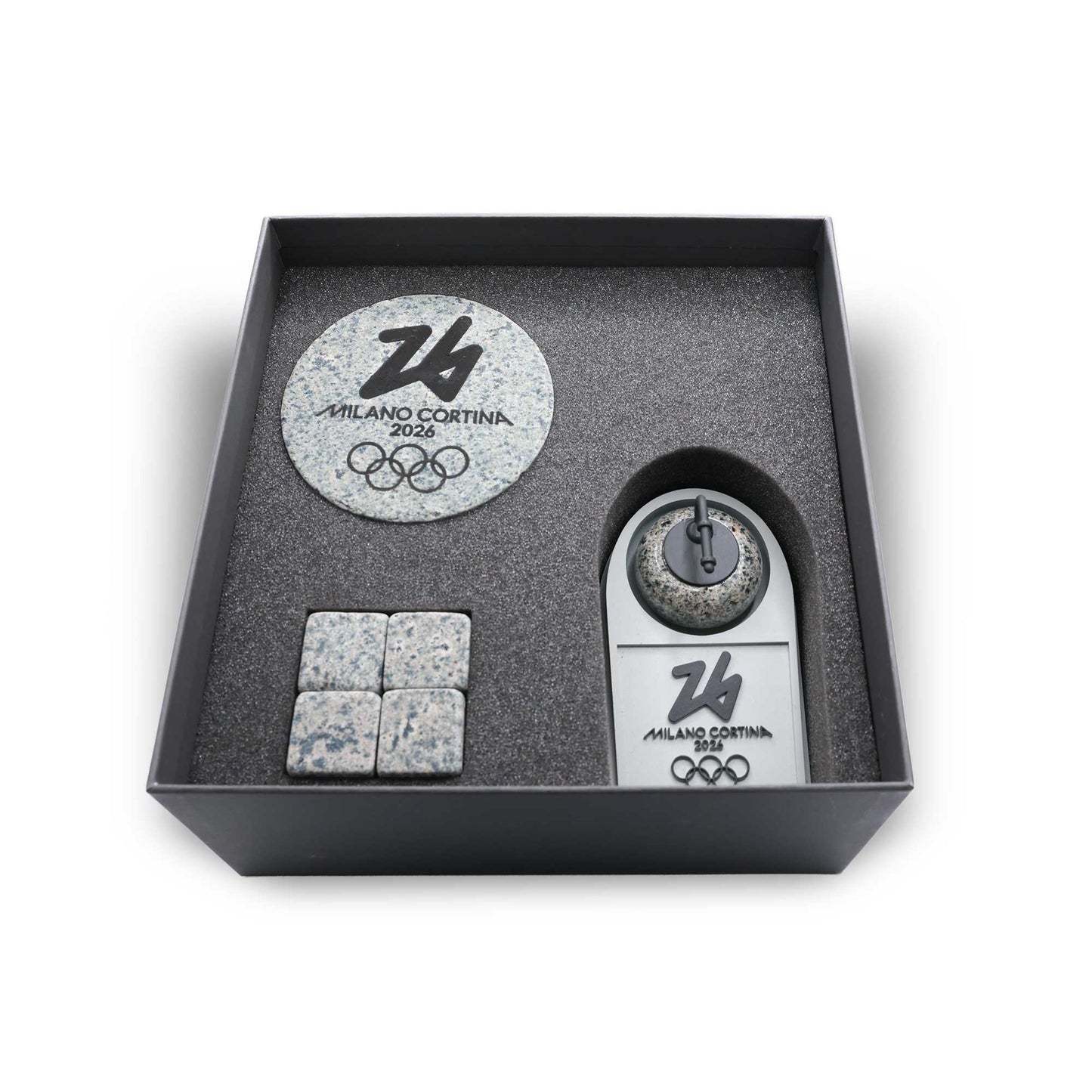 Milano Cortina 2026 Curling Granite Gift Set (Mini Stone is made with the 2026 Olympic Curling Stones, the coasters and cubes are made with granite from Ailsa Craig)